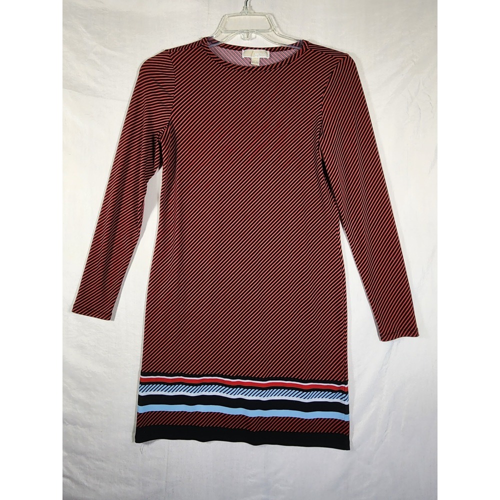Michael Kors Womens S Striped Shift Dress Red Black Blue Long Sleeve Mod Retro